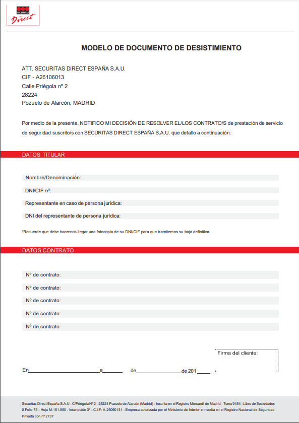 Contrato para dar de baja Securitas Direct